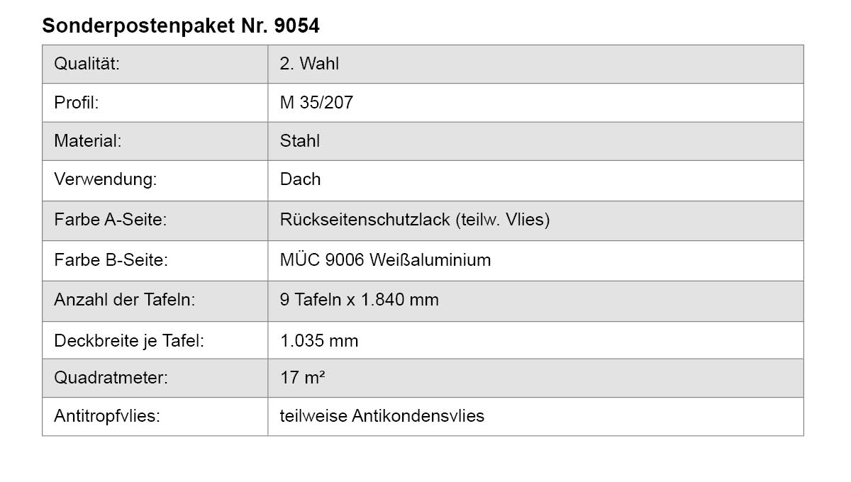 Stahldachplatten, Profil M 35/207, Weißaluminium, Antikondensvlies, 9 Dachtafeln