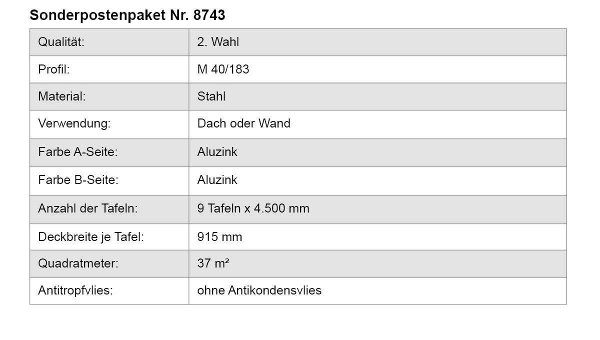 Stahl, Dach oder Wand, Aluzink, Tafel, 9 Tafel x 4.500 mm
