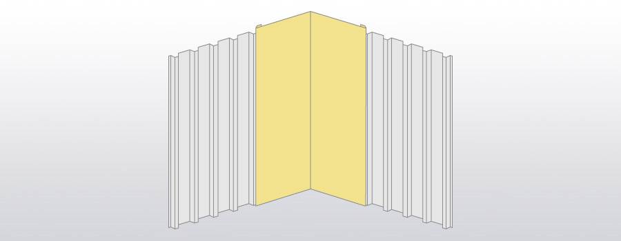 Das Bild zeigt eine grafische Darstellung von einer Innenecke (gelb) und den Trapezblechen (grau)