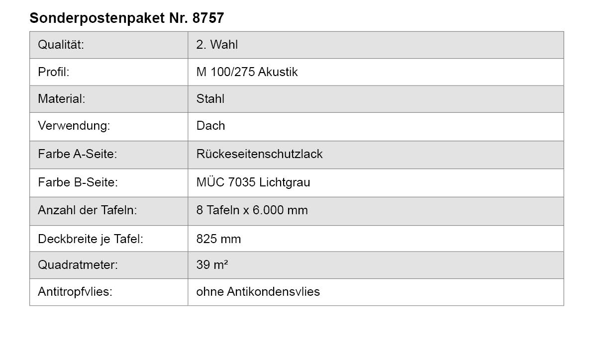 Dach, Stahl, Rückseitenschutzlack, Lichtgrau, 8 Tafeln