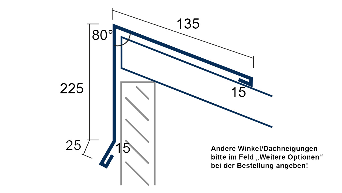 Dachrinne, Ausstiegsstufe, Lamellenöffnung, Montagewinkel, Maße135