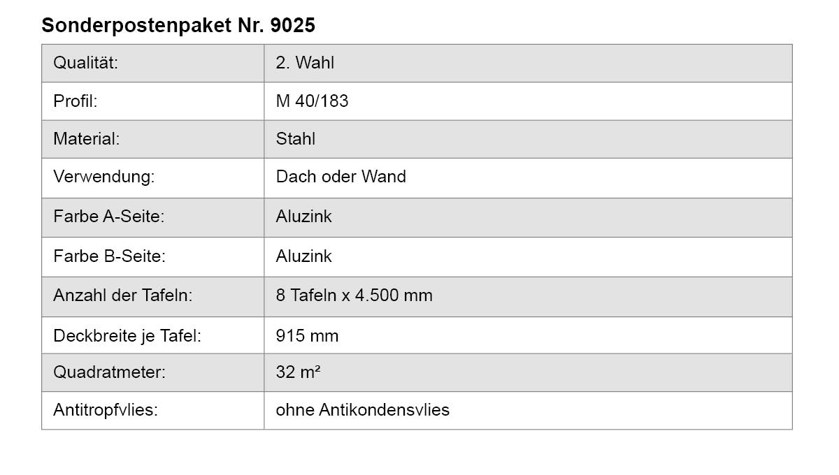 Stahl, Dach oder Wand, Aluzink, Tafel, Quadratmeter, Deckbreite, Antitropfvlies, 8 Tafeln x 4.500 mm, 915 mm, 32 m²